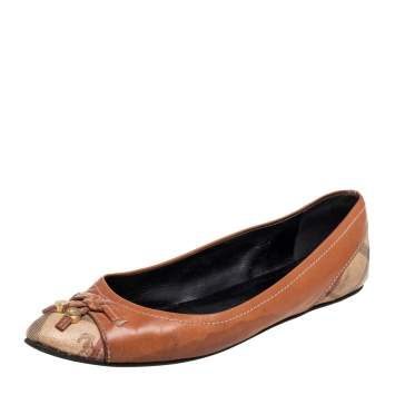 Pre Owned Burberry Tan/Beige Leather and Haymarket Check Coated Canvas Bow Toe-Cap Ballet Flats Size 39