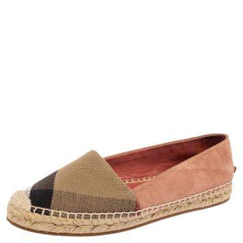 Pre Owned Burberry Tri-Color House Check Canvas and Suede Flat Espadrilles Size 36