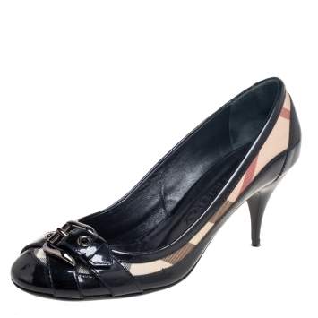 Pre Owned Burberry Black Patent Leather and Nova Check Coated Canvas Pumps Size 37
