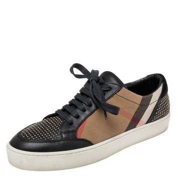 Pre Owned Burberry Black/Beige Leather And Nova Check Canvas Studded Low Top Sneakers Size 38