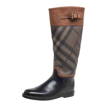 Pre Owned Burberry Tricolor Nova Check Canvas And Rubber Clemence Boots Size 40