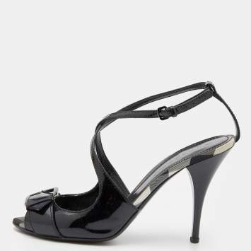 Pre Owned Burberry Black Patent Leather Peep Toe Slingback Sandals Size 39