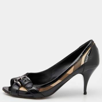 Pre Owned Burberry Black/Beige Patent Leather and Nova Check Coated Canvas Buckle Peep Toe Pumps Size 37