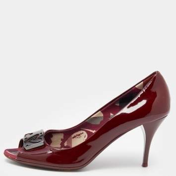 Pre Owned Burberry Burgundy Patent Leather Peep Toe Pumps Size 38