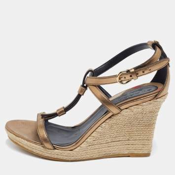 Burberry Brown Leather Catsbrook Espadrille Wedge Sandals Size  Burberry  | TLC