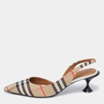Pre Owned Burberry Beige House Check Canvas Slingback D'orsay Pumps Size 37