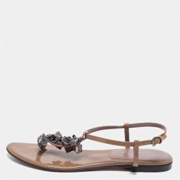 Pre Owned Burberry Brown Patent Leather Embellished  Thong Flats Size 38