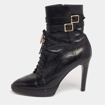 Pre Owned Burberry Black Leather Brogue Ankle Length Boots Size 39