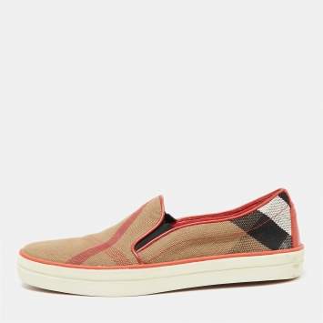 Pre Owned Burberry Red/Brown Nova Check Canvas and Leather Gauden Slip On Sneakers Size 36