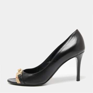 Pre Owned Burberry Black Leather Turnlock Peep Toe Pumps Size 36
