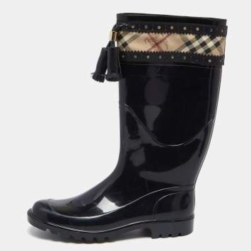 Pre Owned Burberry Black/Beige Canvas And Rubber Rain Boots Size 40