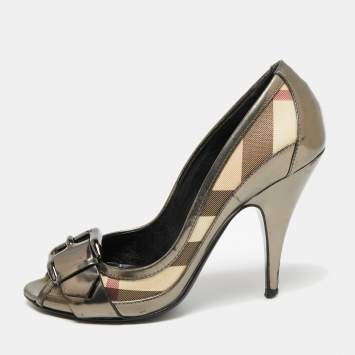 Pre Owned Burberry Metallic Grey Leather And House Check Canvas Buckle Peep Toe Pumps Size 37