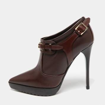 Pre Owned Burberry Burgundy Leather Buckle Details Booties Size 39