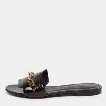 Pre Owned Burberry Black Patent Leather Chain Detail Flat Slides Size 38