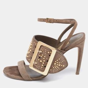 Pre Owned Burberry Grey Suede Studded Padstow Ankle-Wrap Sandals Size 37
