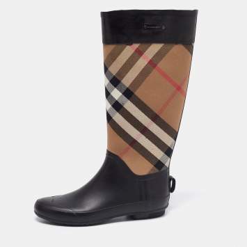 Pre Owned Burberry Black/Beige House Check Canvas And Rubber Clemence Rain Boots Size 38
