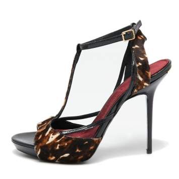Pre Owned Burberry Brown Animal Print Pony Hair and Patent Leather T-Strap Sandals Size 37