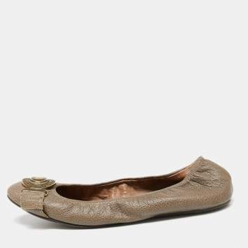 Pre Owned Burberry Dark Beige Leather Buckle Logo Scrunch Ballet Flats Size 39