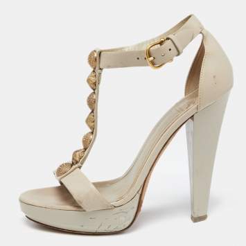 Pre Owned Burberry Grey Leather Embellished T-Strap Platform Sandals Size 38