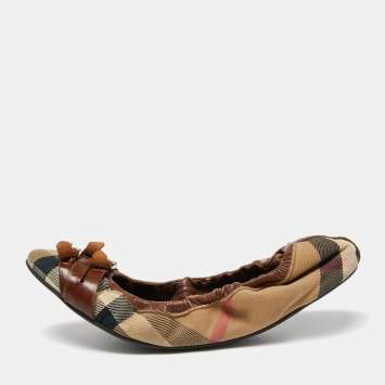Pre Owned Burberry Brown/Beige Nova Check Canvas And Leather  Scrunch Ballet Flats Size 39