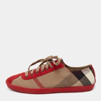 Pre Owned Burberry Red/Beige Suede And Novacheck Canvas Low Top Sneakers Size 37