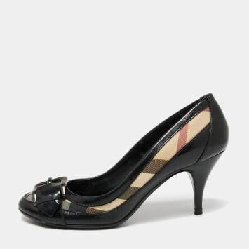 Pre Owned Burberry Black/Beige Patent Leather and House Check Canvas Pumps Size 37