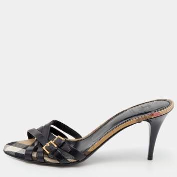 Pre Owned Burberry Black Leather Cross Strap Buckle Detail Slides Size 38