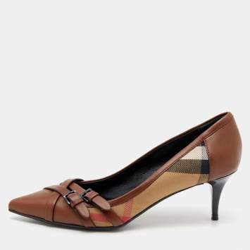 Pre Owned Burberry Brown/Beige House Check Canvas And Leather Pointed Toe Buckle Pumps Size 38