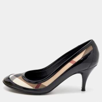 Pre Owned Burberry Black/Beige Patent Leather And Nova Check Coated Canvas Pumps Size 36