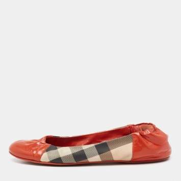 Pre Owned Burberry Red/Beige Patent Leather And Nova Check Ballet Flats Size 39