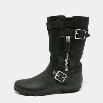 Pre Owned Burberry Black Claredon Rubber and Shearling Midcalf Boots Size 36 