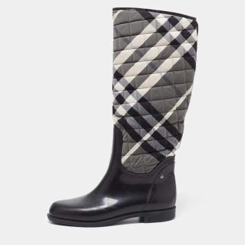 Pre Owned Burberry Black Rubber And Check Quilted Canvas Rain Boots Size 39