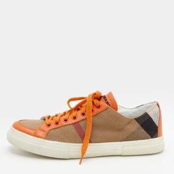 Pre Owned Burberry Beige/Orange House Check Canvas and Leather Low Top Sneakers Size 37