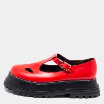 Pre Owned Burberry Red/Black Leather Aldwych T-bar Platform Flats Size 39