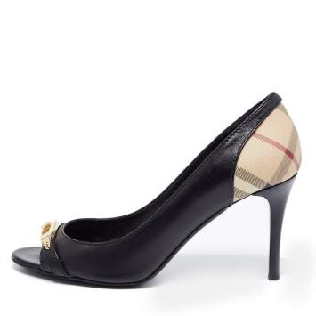Pre Owned Burberry Black Leather And Nova Check Canvas Bayning Open Toe Pumps Size 37