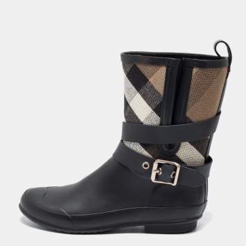 Pre Owned Burberry Black Nova Check Detail Belted Rain Boots Size 37