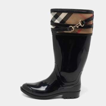 Pre Owned Burberry Black Rubber And Nova Check Canvas Rain Boots Size 37