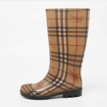 Pre Owned Burberry Beige Haymarket Check PVC Rain Boots Size 38