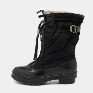 Pre Owned Burberry Black Leather and Nylon Fur Lined Mid Calf Boots Size 38