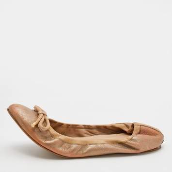 Pre Owned Burberry Metallic Gold Leather Bow Scrunch Ballet Flats Size 39