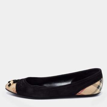 Pre Owned Burberry Black Suede Nova Check Canvas Cap Toe Bow Ballet Flats Size 37