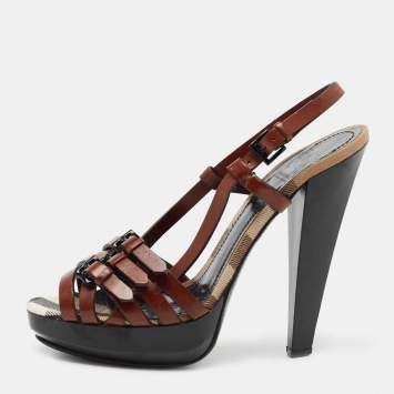 Pre Owned Burberry Brown Leather Strappy Platform Ankle Strap Sandals Size 38.5