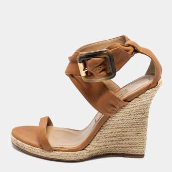 Pre Owned Burberry Brown Leather Catsbrook Espadrille Wedge Sandals Size 38.5