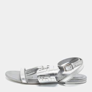 Pre Owned Burberry Metallic Silver Leather Bethany Tassel Detail Flat Sandals Size 40