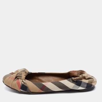 Pre Owned Burberry Beige Canvas Nova Check Knotted Bow Ballet Flats Size 40