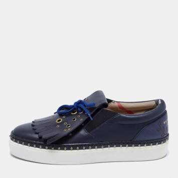 Pre Owned Burberry Navy Blue/Black Leather Kiltie Fringe Slip On Sneakers Size 40