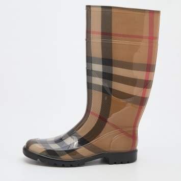 Pre Owned Burberry Beige Nova Check Rubber Rain Boots Size 37