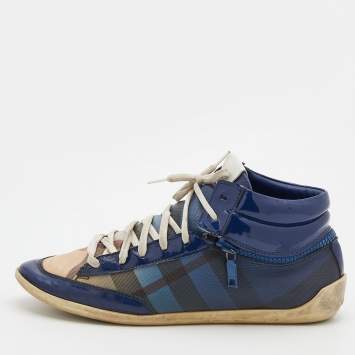 Pre Owned Burberry Blue/Beige Ombre Nova Check Coated Canvas And Patent Leather High Top Sneakers Size 38