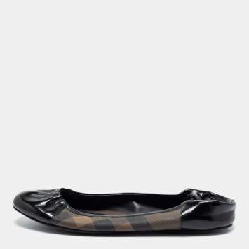 Pre Owned Burberry Black/Brown Patent Leather and Nova Check Canvas Scrunch Ballet Flats Size 39