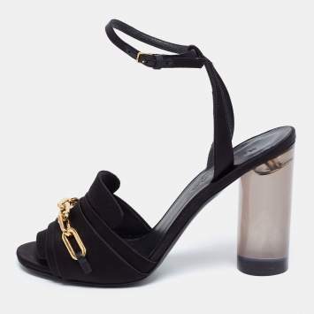 Pre Owned Burberry Black Satin Perspex Ankle Strap Block Heel Sandals Size 38